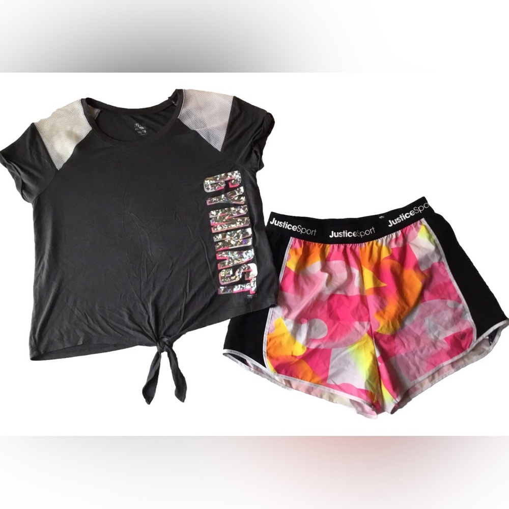 JUSTICE Girls size 14/16 16/18 GYMNAST SHIRT SPORT SHORTS OUTFIT
